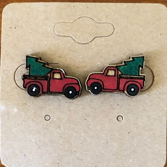 Red Truck Christmas Tree Stud Earrings - Hand Painted Wood, Hypoallergenic - Picture 3 of 4